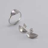 14K white gold Daphne laurel leaf diamond stud earrings with brushed matte finish.