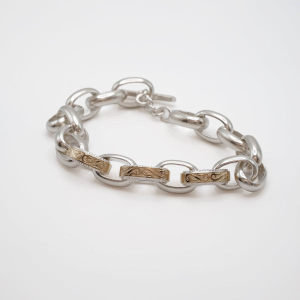 Sterling Silver Rounded Link Bracelet with Gold Accent