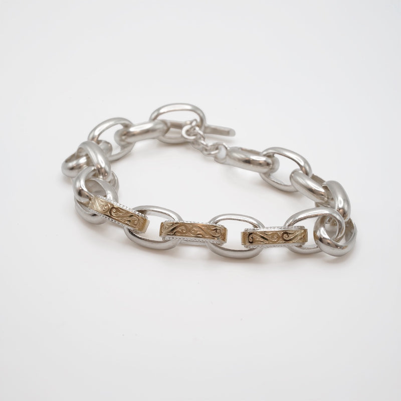 Sterling Silver Rounded Link Bracelet with Gold Accent