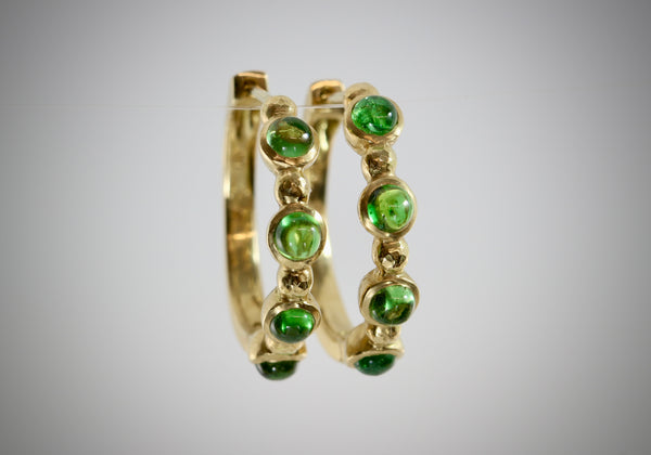 18k Yellow Gold Tsavorite Green Garnet Cabochon Half Eternity Hoops Earrings