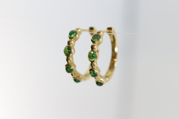 18k Yellow Gold Tsavorite Green Garnet Cabochon Half Eternity Hoops Earrings
