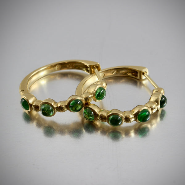 18k Yellow Gold Tsavorite Green Garnet Cabochon Half Eternity Hoops Earrings