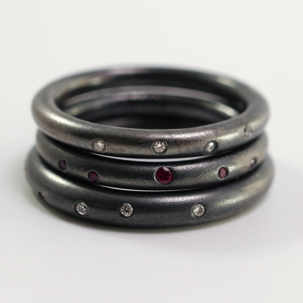 Black Patina Diamond Doughnut Stacking Rings