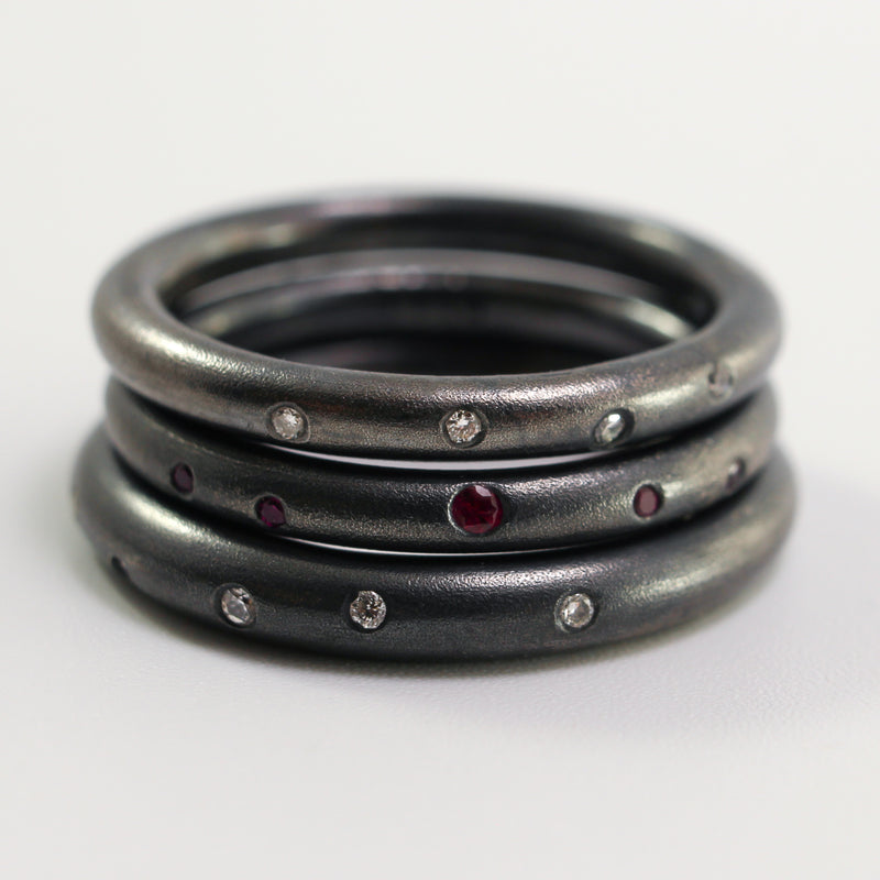 Black Patina Diamond Doughnut Stacking Rings