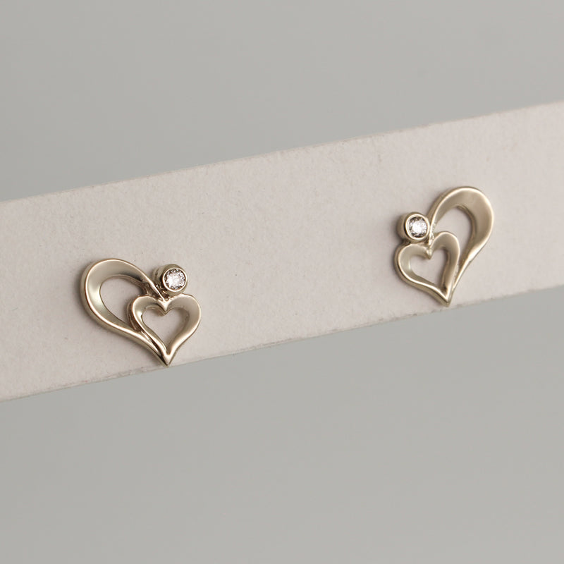 14K White Gold Double Heart Diamond Earrings