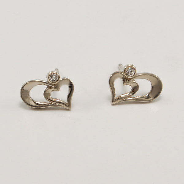 14K White Gold Double Heart Diamond Earrings