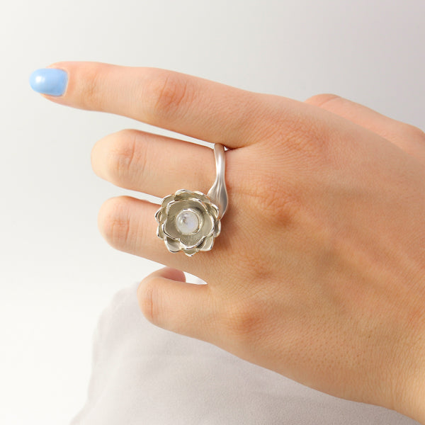 Moonstone Lotus Between the Fingers Ring