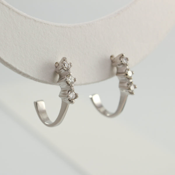 14K White Gold Triple Diamond Mini Hoop Earrings