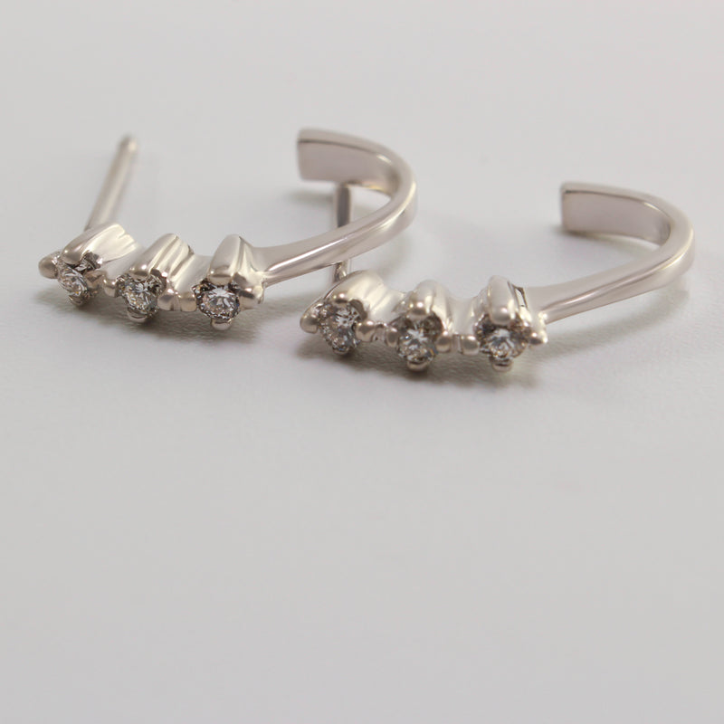 14K White Gold Triple Diamond Mini Hoop Earrings